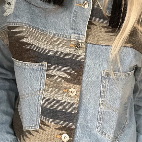 Southwest Aztec Blanket Denim Distressed Jacket - Picture 2 of 6